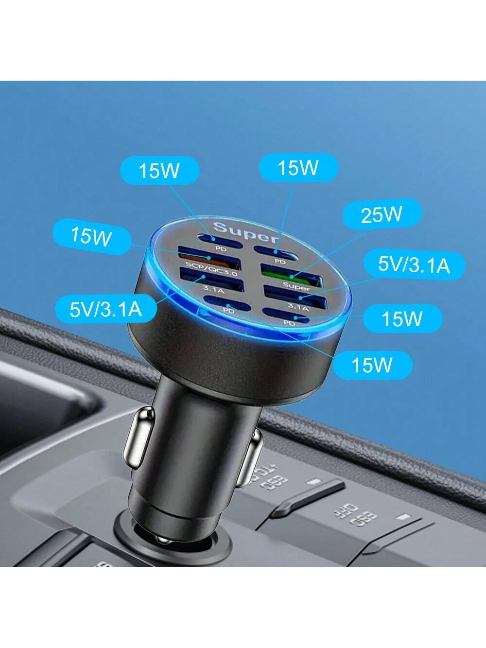 100W Multi-Port Fast Charging Car Charger (8 Ports)