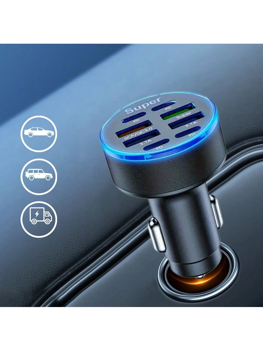 100W Multi-Port Fast Charging Car Charger (8 Ports)