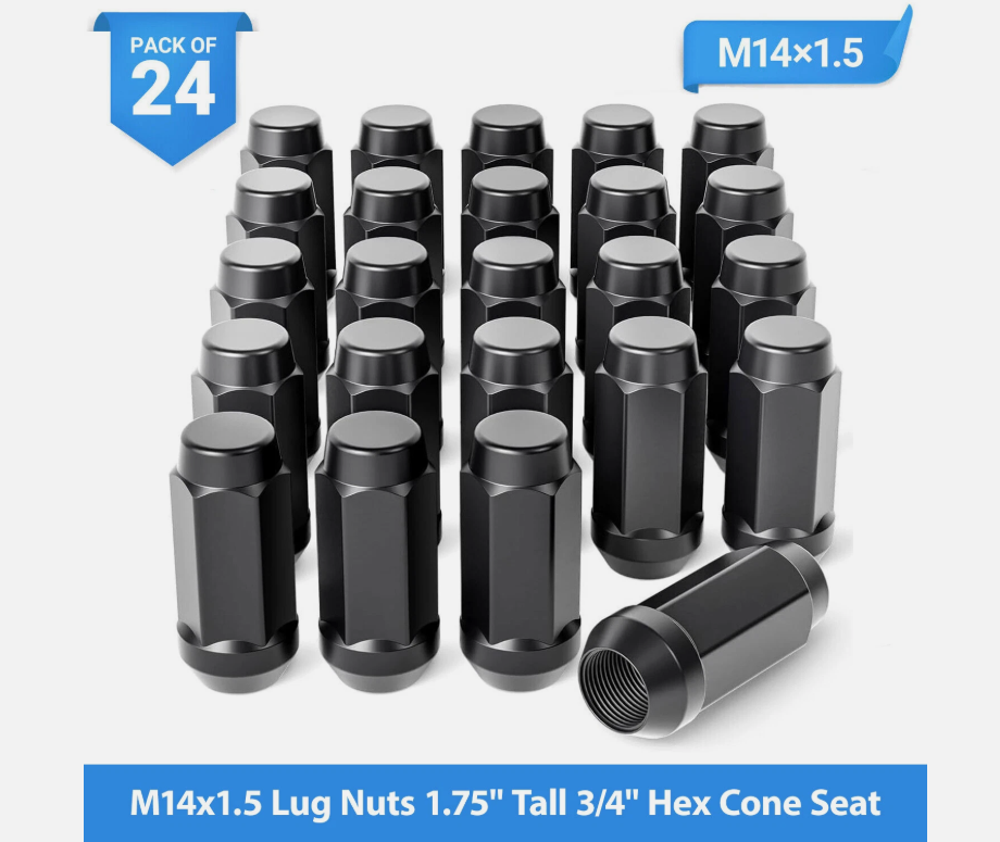 24 PCS Set Black Acorn M14X1.5 Lug Nuts | 1.75" Tall 3/4" Hex Cone Seat