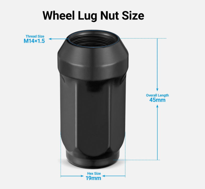 24 PCS Set Black Acorn M14X1.5 Lug Nuts | 1.75" Tall 3/4" Hex Cone Seat