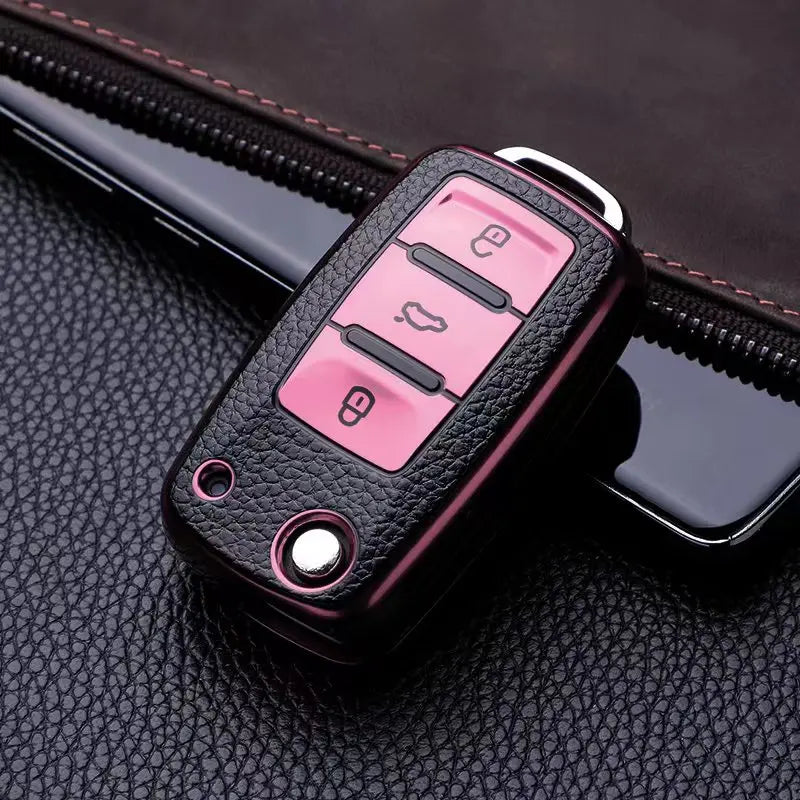 Leather 3-Button Key Fob Cover Case for VW Volkswagen Models