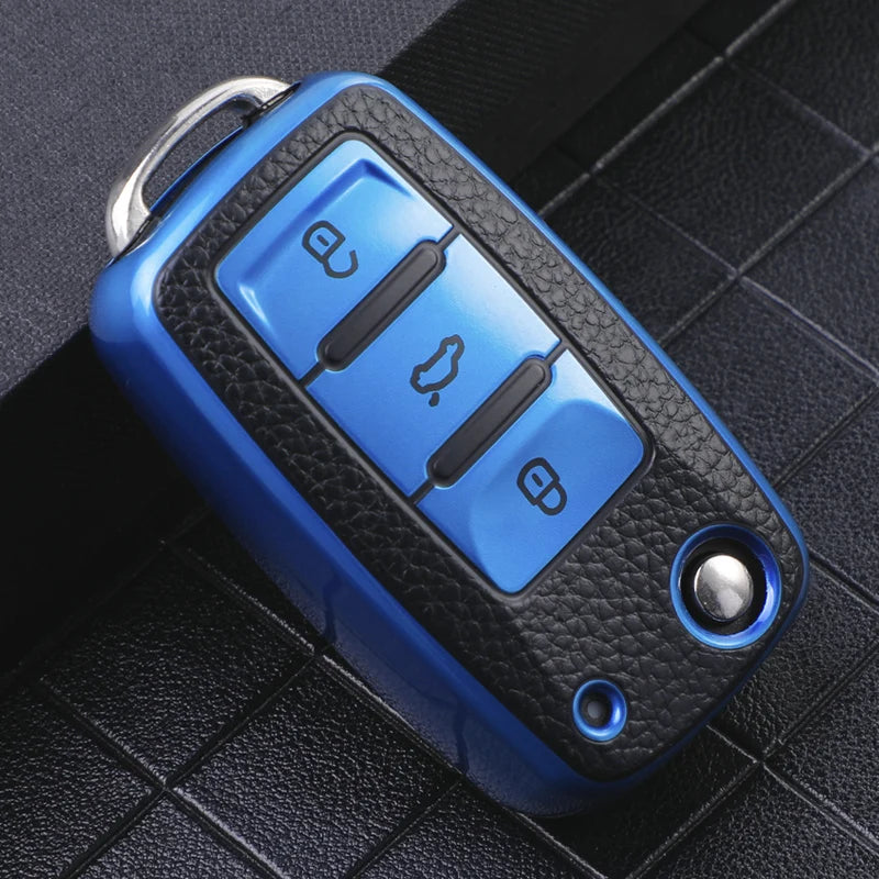 Leather 3-Button Key Fob Cover Case for VW Volkswagen Models