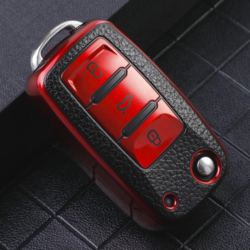 Leather 3-Button Key Fob Cover Case for VW Volkswagen Models