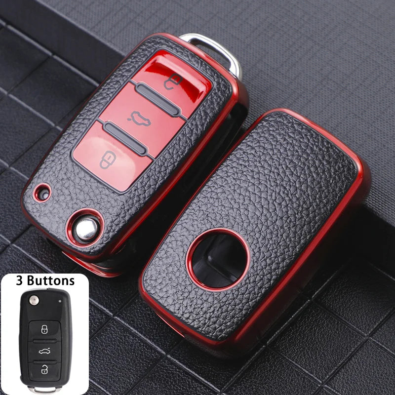 Leather 3-Button Key Fob Cover Case for VW Volkswagen Models