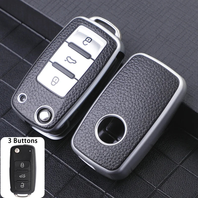 Leather 3-Button Key Fob Cover Case for VW Volkswagen Models