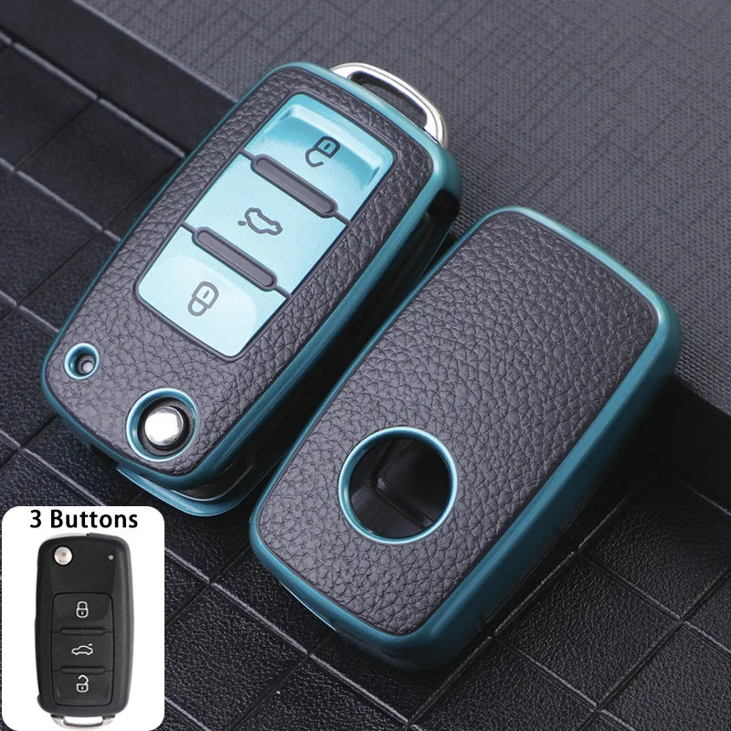 Leather 3-Button Key Fob Cover Case for VW Volkswagen Models