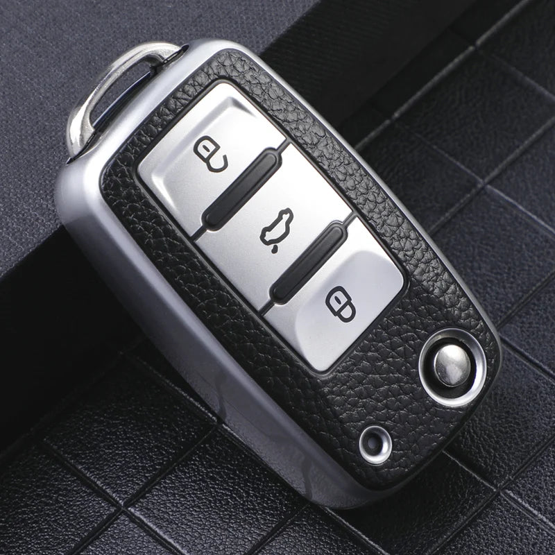 Leather 3-Button Key Fob Cover Case for VW Volkswagen Models