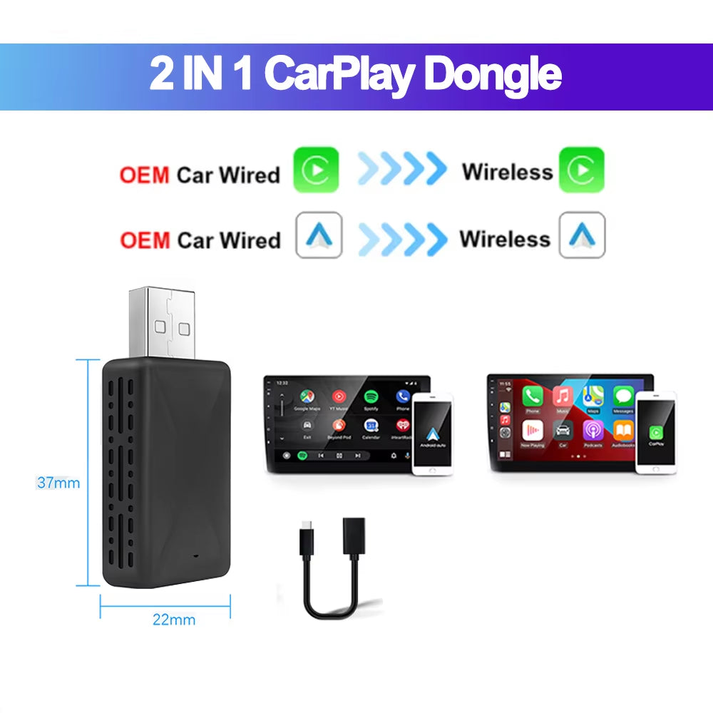 2In1 Wired to Wireless Carplay Android Auto Adapter for OEM Car Stereo with USB Plug and Play