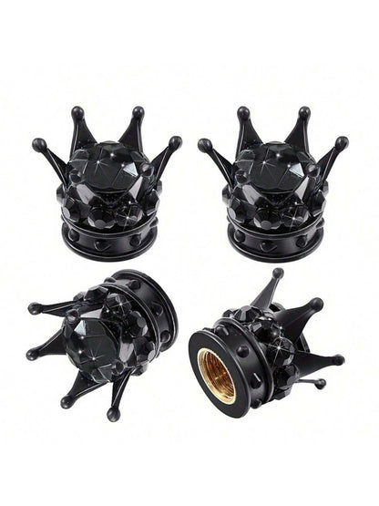 Corrosion-Resistant/Universal Fit 4PCS Black Crown Design Tire Valve Stem Caps 