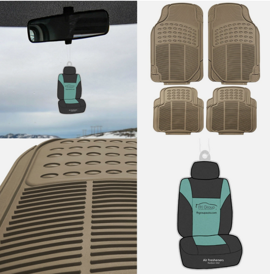 4PCS Universal All-Weather Floor Mats Beige + Free Hanging Air Scent