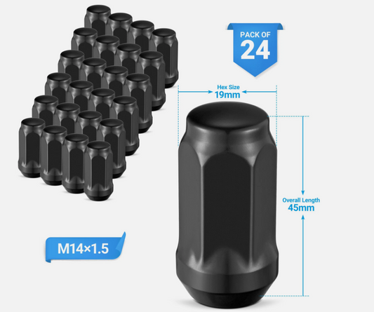 24 PCS Set Black Acorn M14X1.5 Lug Nuts | 1.75" Tall 3/4" Hex Cone Seat
