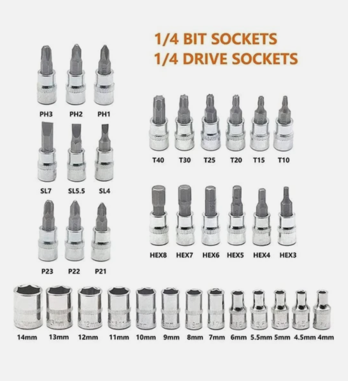 46Pcs 1/4" Socket Set Drive Kit
