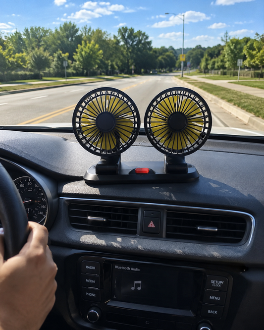 12V Dual Head Car Fan – 360° Adjustable Dashboard Cooling Fan