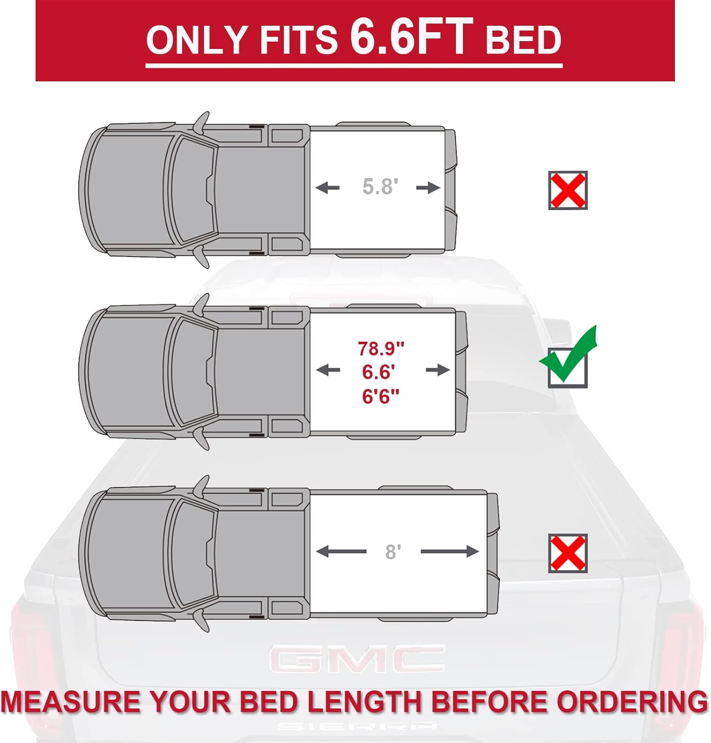 6.6Ft Soft Quad Fold Tonneau Cover Compatible with 2014-2018 Chevy Silverado/Gmc Sierra 1500 2015-2019 Silverado/Sierra 2500HD 3500HD/2019 Ltd/Lgcy ONLY 6.6FT Truck Bed Cover