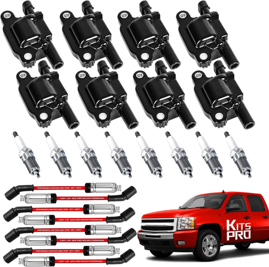 UF413 D510C D513A Ignition Coil Packs (Square, Not Round) and Spark Plugs and Wires for V8 2007-2018 Chevy Silverado Suburban Tahoe, GMC Sierra Savana Yukon, Cadillac Escalade, Pack of 8