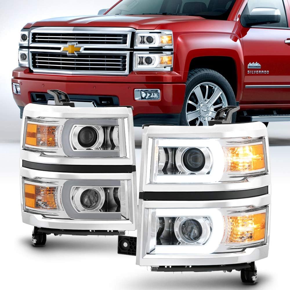 - for 2014-2015 Chevy Silverado 1500 LED Light Tube DRL Projector Headlights Headlamps Driver + Passenger Side