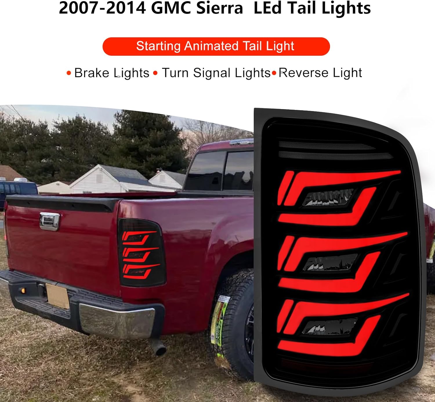 Sequential Full Led Tail Lights for 2007-2013 GMC Sierra 1500 2500HD 3500HD Starting Animated Rear Light Assembly, Dynamic Turn Signal,Brake Light,Reverse Light Smoked