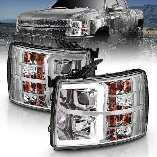 for 2007-2013 Chevy Silverado 1500/07-14 Silverado 2500HD 3500HD Led, Halogen, Tube Quad Projector Chrome Car Headlights Set - Passenger and Driver Side, Vehicle Light Assembly, Chrome