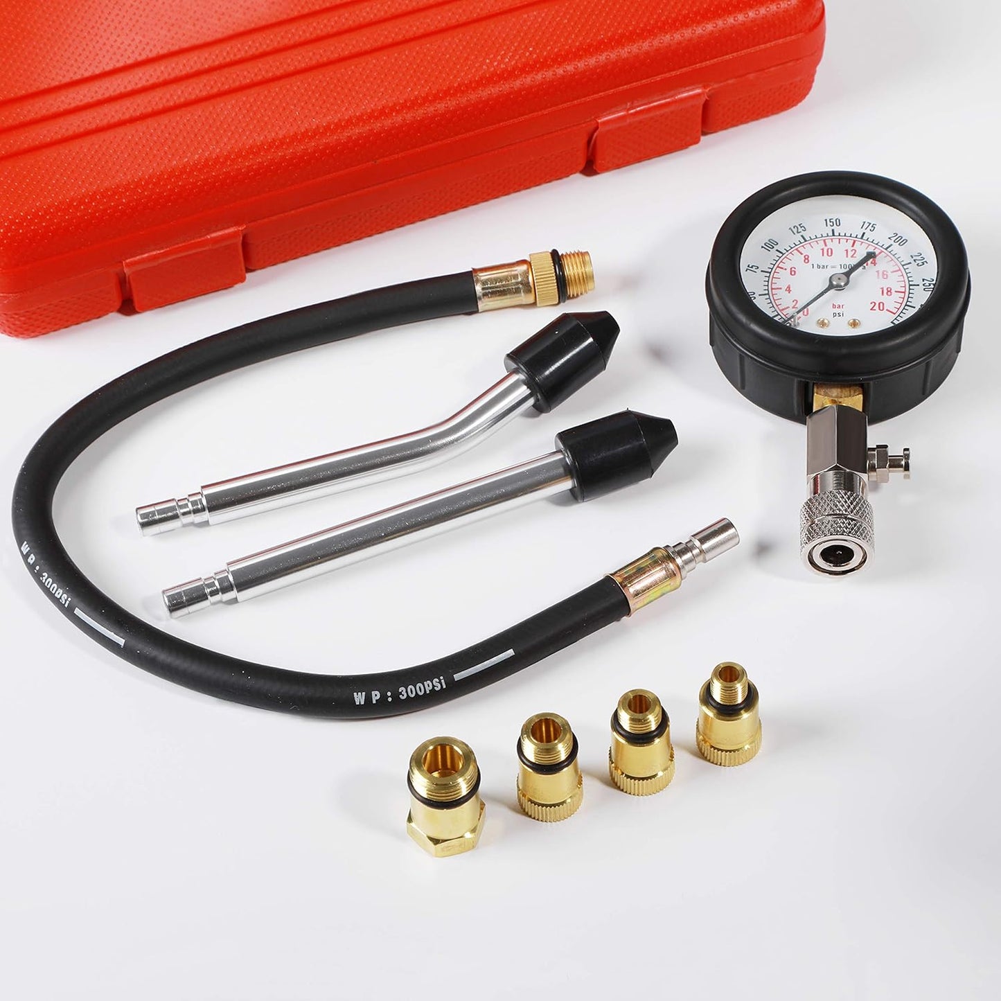 8PCS Compression Tester Kit 0-300 PSI Petrol Gas Engine Cylinder Pressure Gauge Automotive Tool for Motorcycle Car Truck (Red)