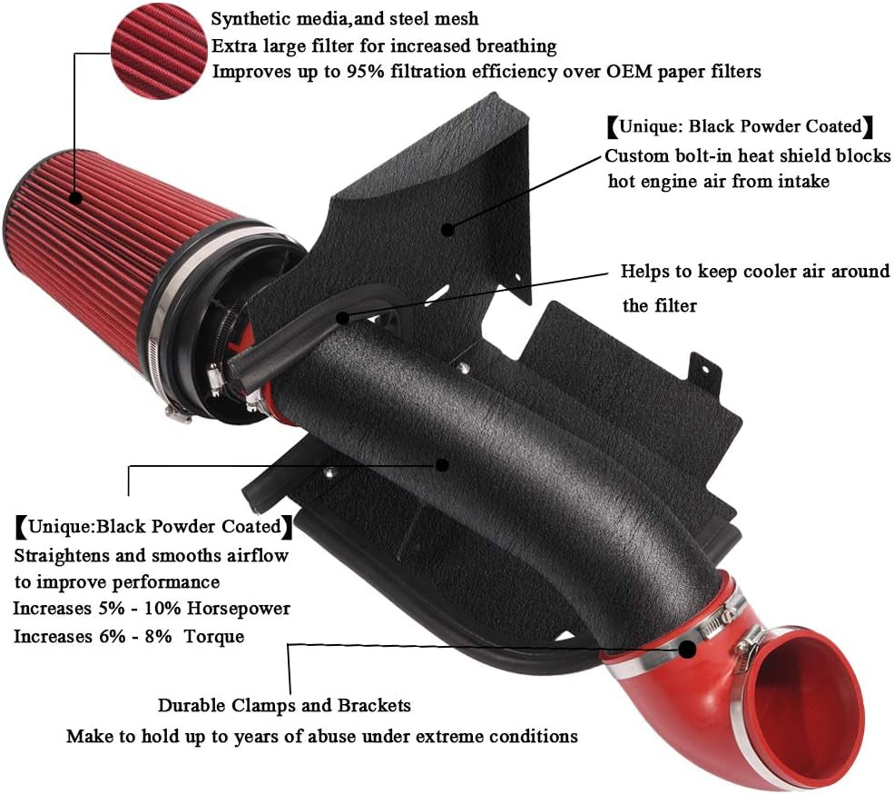 4 Inch Cold Air Intake Black Tube + Heat Shield for 1999-2006 Gmc/Chevy V8 4.8L/5.3L/6.0L Silverado 1500/2500/3500 Red