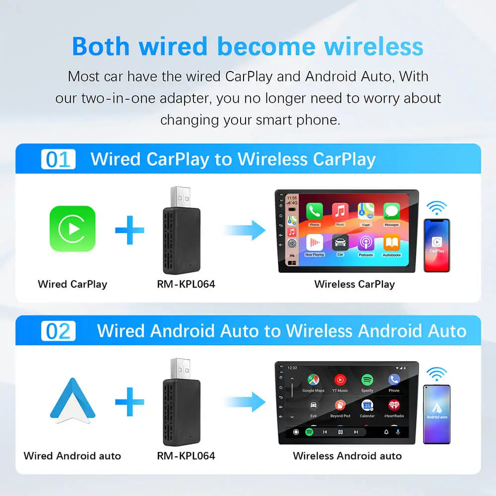 2In1 Wired to Wireless Carplay Android Auto Adapter for OEM Car Stereo with USB Plug and Play