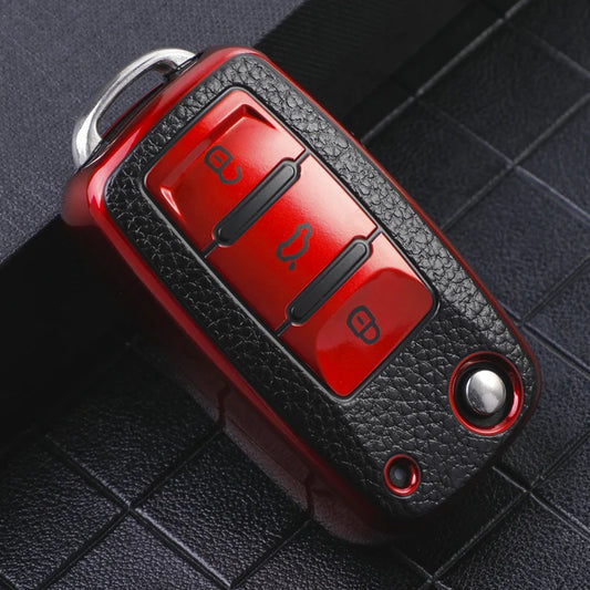 Leather 3-Button Key Fob Cover Case for VW Volkswagen Models