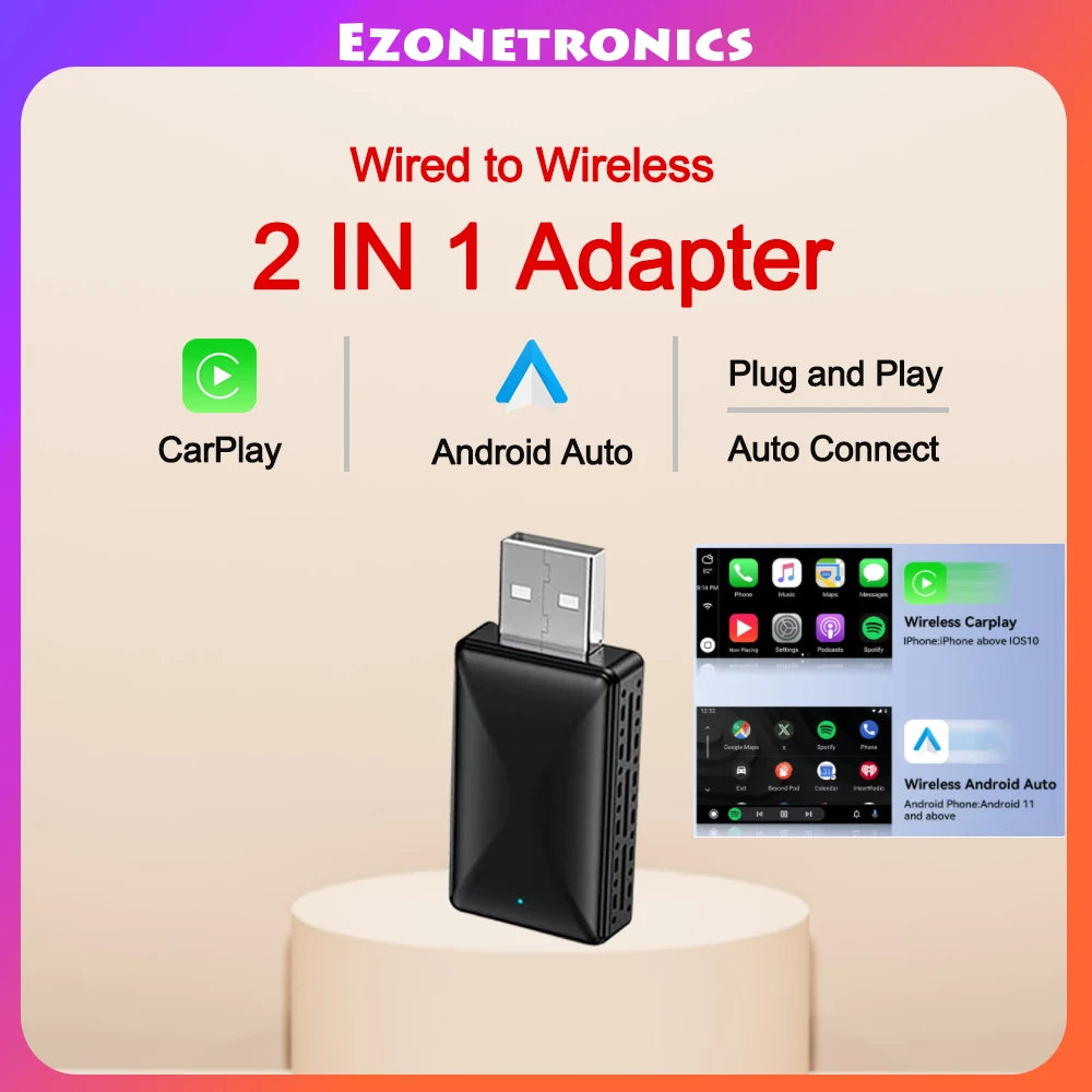 2In1 Wired to Wireless Carplay Android Auto Adapter for OEM Car Stereo with USB Plug and Play