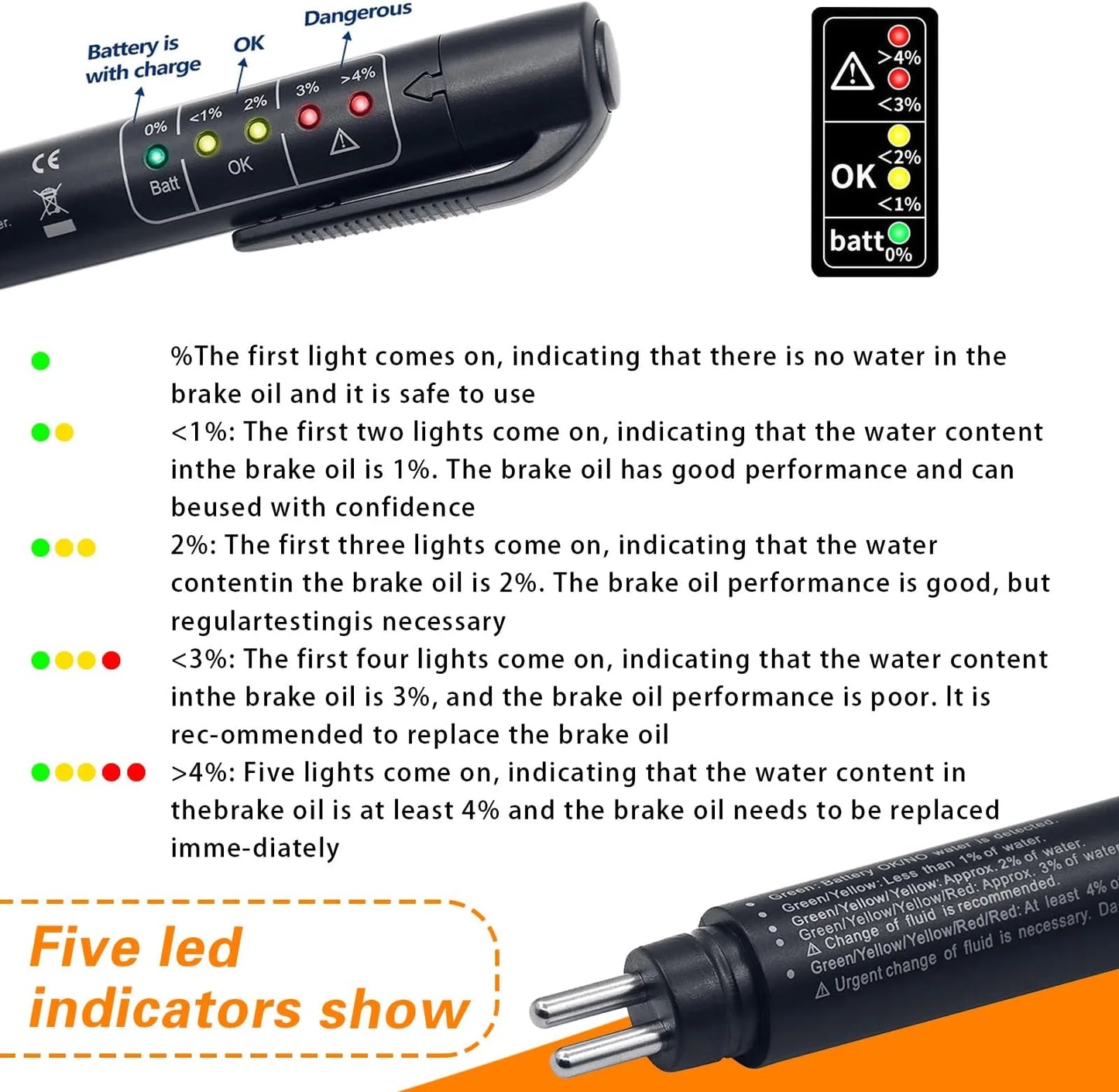 Electronic Brake Fluid Tester Pen Tool | Liquid Oil Moisture Analyzer (Batteries Not Included!)