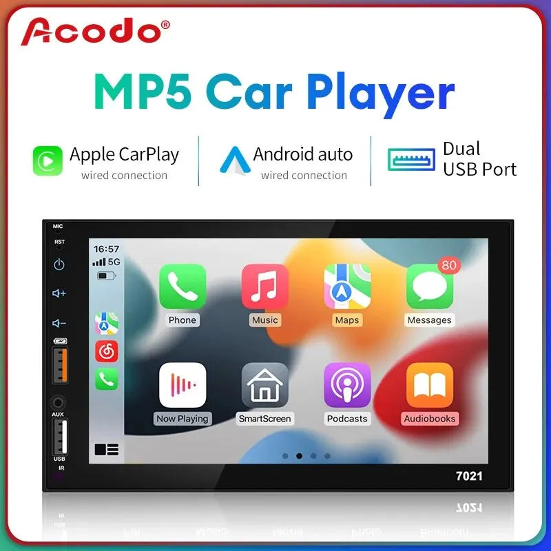 Dual USB 7Inch Carplay Android Auto Capacitive Screen Full Touch HD Car MP5 Player USB Bluetooth TF Card Touch Screen