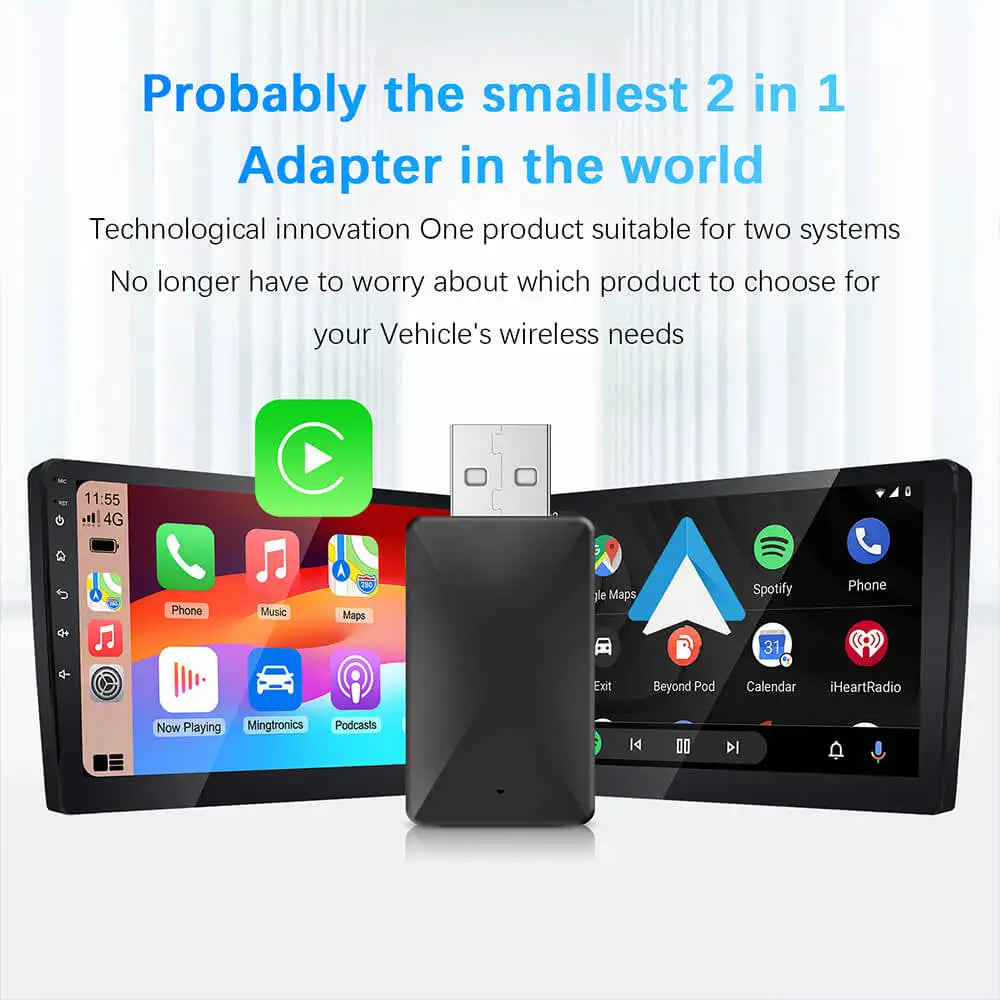 2In1 Wired to Wireless Carplay Android Auto Adapter for OEM Car Stereo with USB Plug and Play