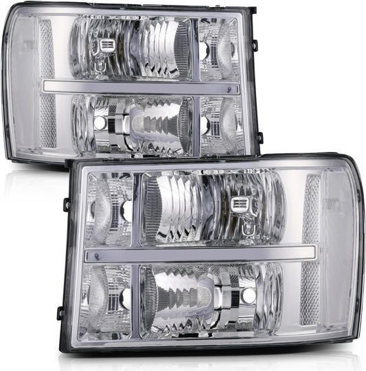 Headlamp Assembly Compatible with 07-13 GMC Sierra 1500, 07-14 Sierra 2500 3500, Left & Right Chrome Housing Clear Corner Headlights