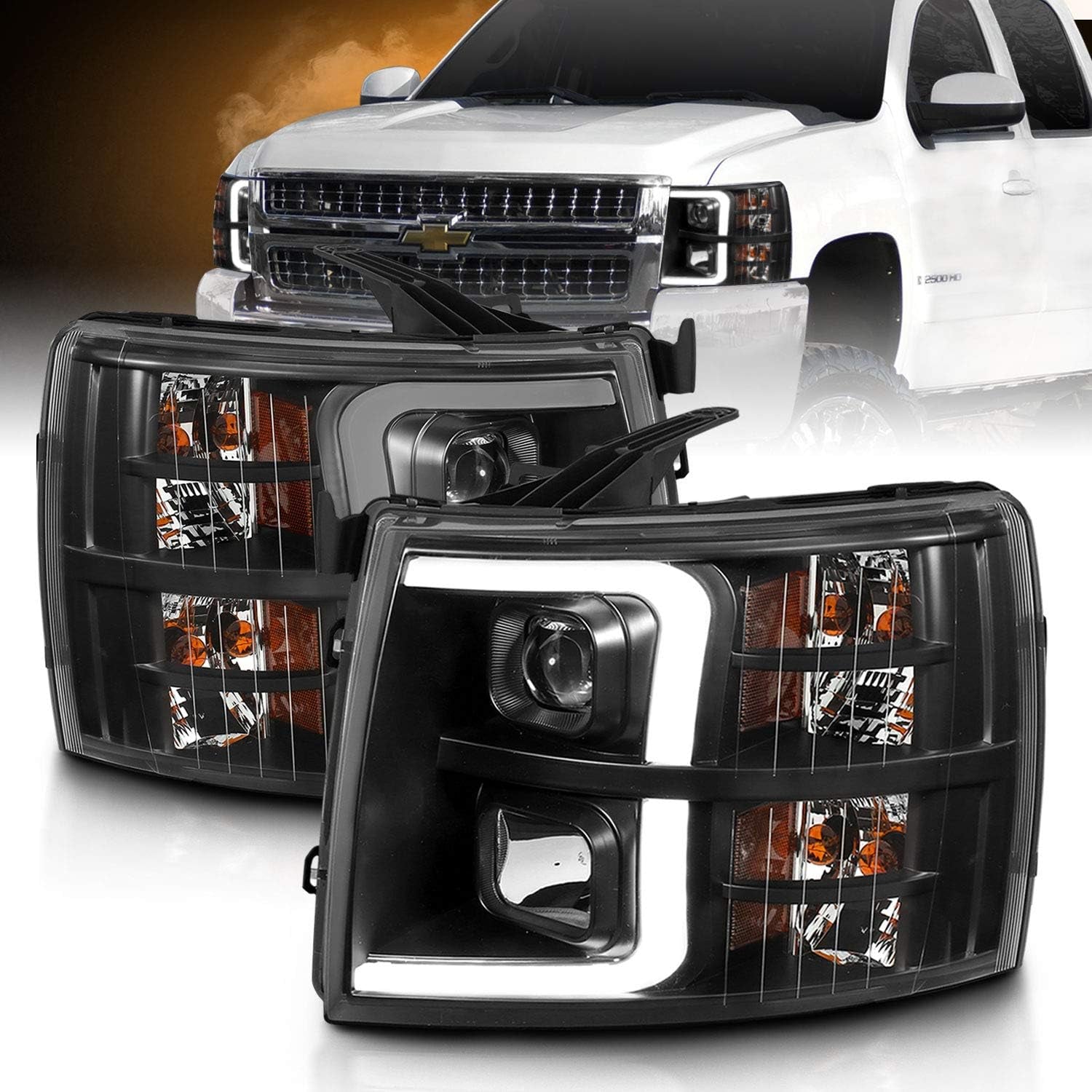 for 2007-2013 Chevy Silverado 1500/07-14 2500HD 3500HD Led, Halogen, Tube Quad Projector Car Headlights Assembly Set - Passenger and Driver Side, Vehicle Light Assembly, Black