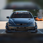 White and red JDM racing windshield banner decal on a tuned coupe