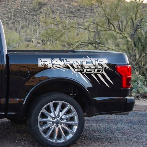 Glossy white claw scratch bed side decal on Ford F-150 Raptor